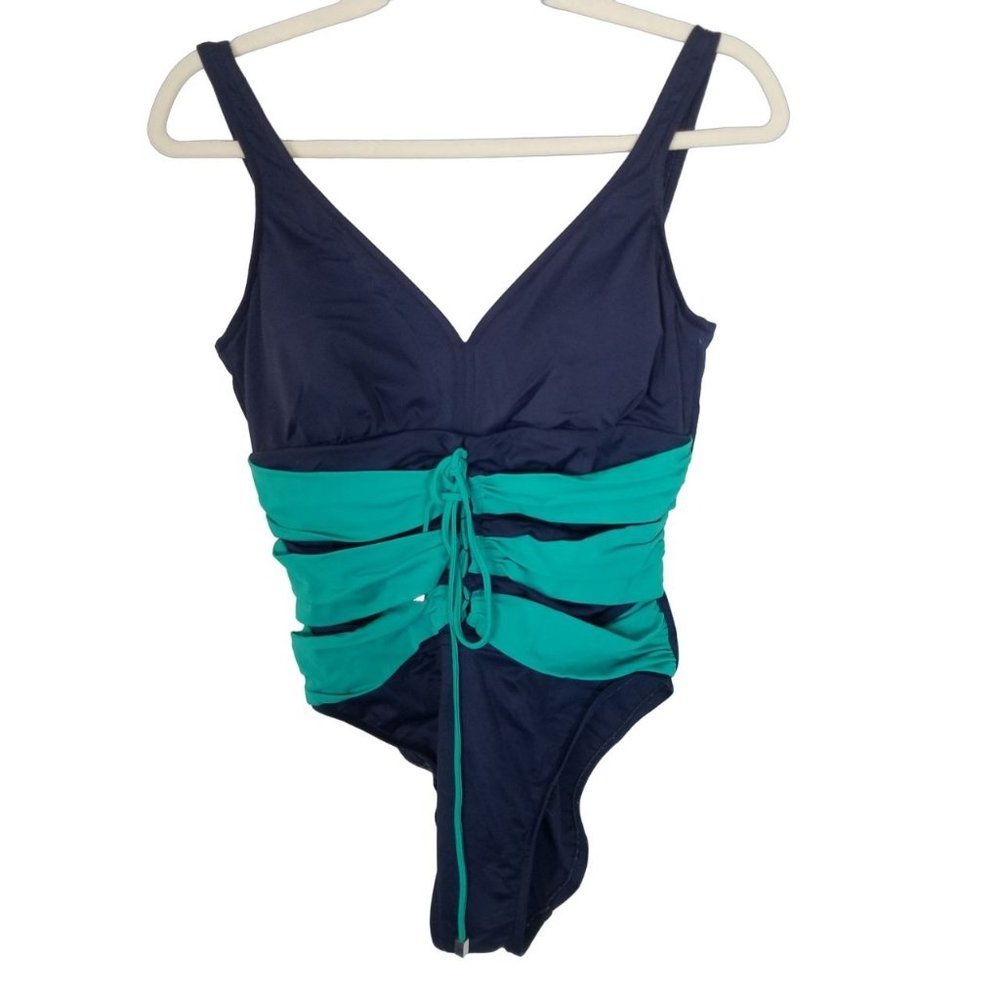 Magic Suit Womens Navy Blue/Green Tie Front Sleeves One-Piece Bathing Suit